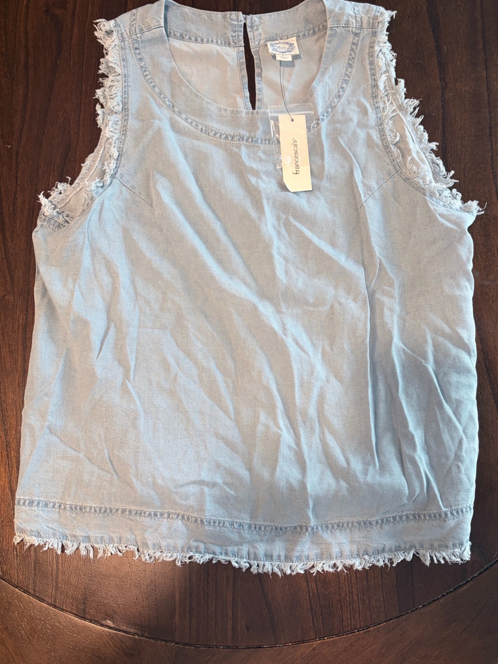 Blue Rain Light Blue Frayed Sleeve Sleeveless Tunic